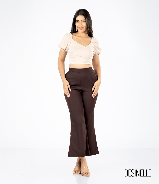 Lantern Sleeve Wrap Design Beige Blouse