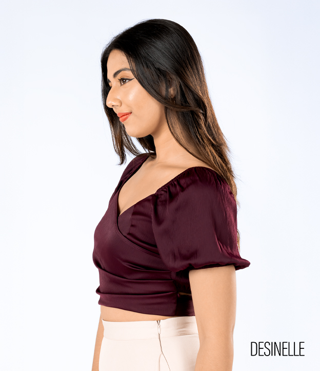 Lantern Sleeve Wrap Design Dark Maroon Blouse