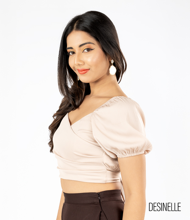 Lantern Sleeve Wrap Design Beige Blouse