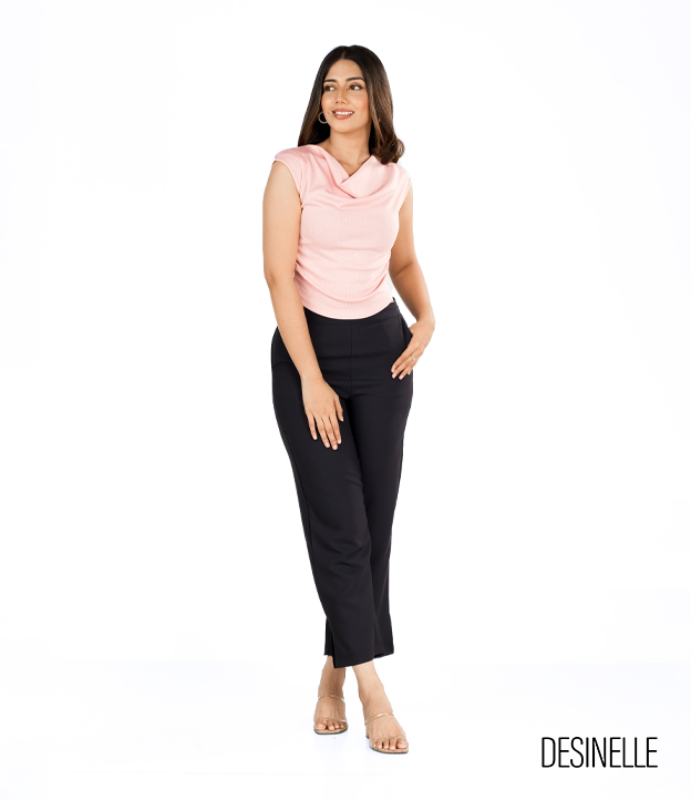 Textured Cowl-Neck Cap Sleeve Top - Blush Pink