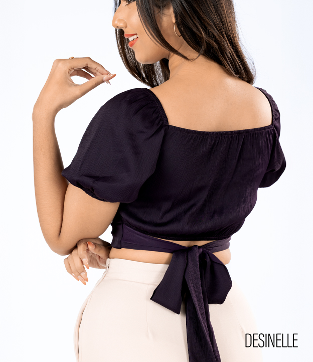 Lantern Sleeve Wrap Design Dark Violet Blouse