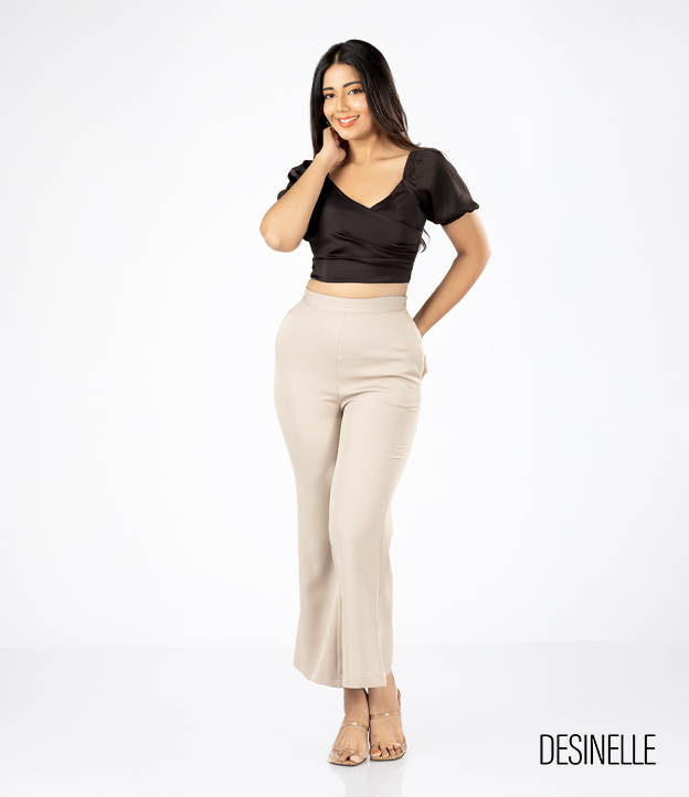 Lantern Sleeve Wrap Design Brown Blouse