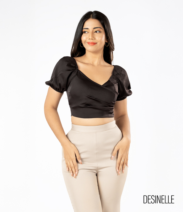 Lantern Sleeve Wrap Design Brown Blouse