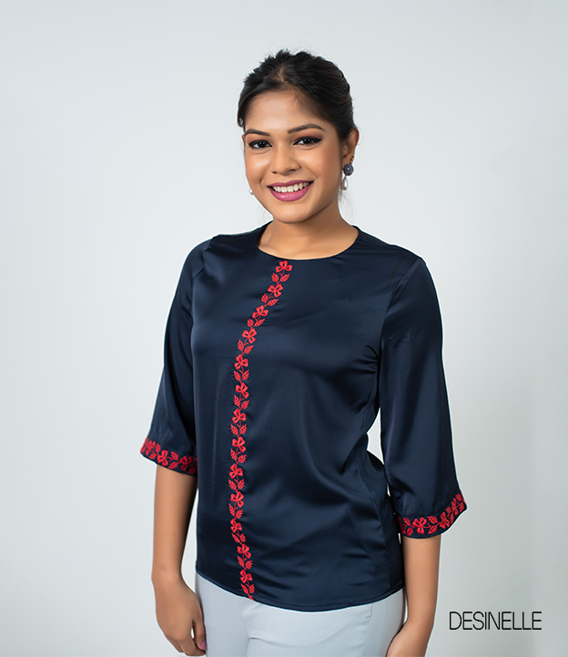 Embroidery Detailed Three-Quarter Sleeve Top