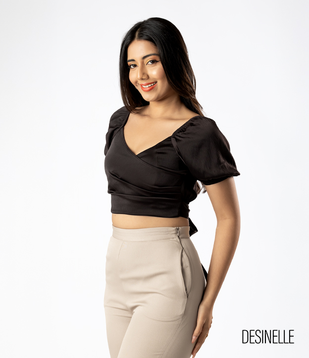 Lantern Sleeve Wrap Design Brown Blouse