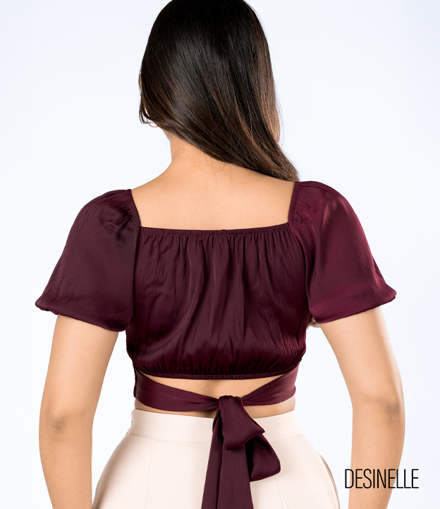 Lantern Sleeve Wrap Design Dark Maroon Blouse