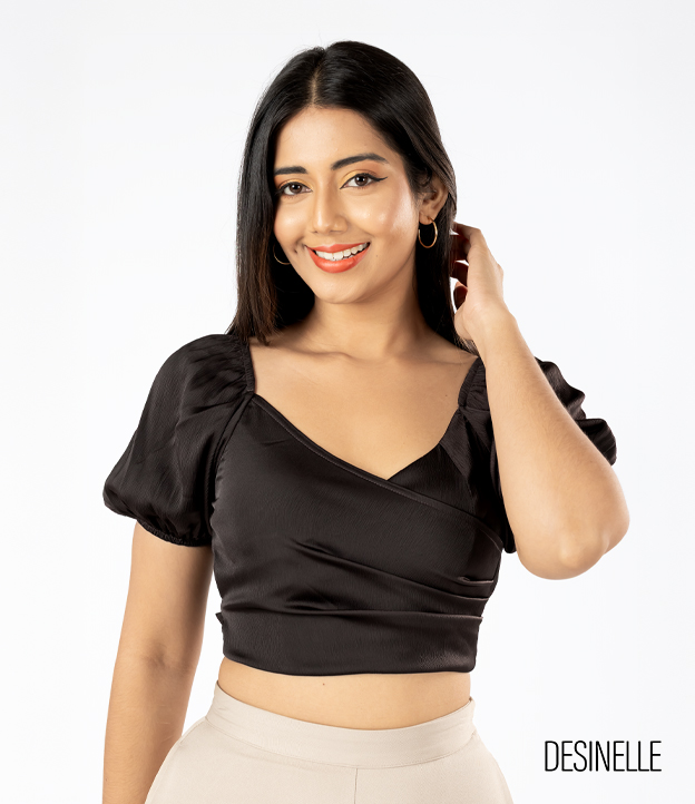 Lantern Sleeve Wrap Design Brown Blouse