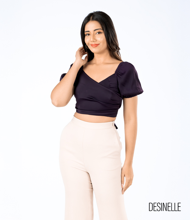 Lantern Sleeve Wrap Design Dark Violet Blouse