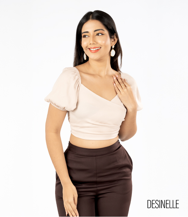 Lantern Sleeve Wrap Design Beige Blouse