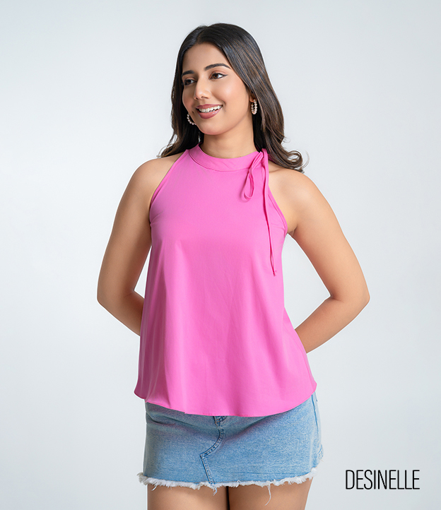 Pink Tie-Neck Cotton Halter Top