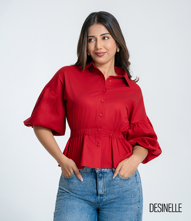 Red Puff Sleeve Collared Blouse