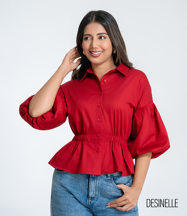 Red Puff Sleeve Collared Blouse