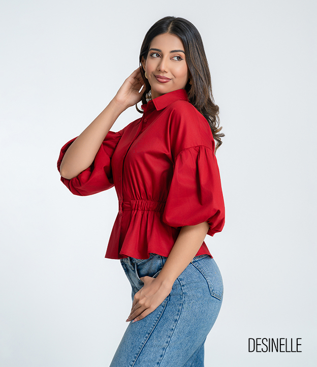 Red Puff Sleeve Collared Blouse