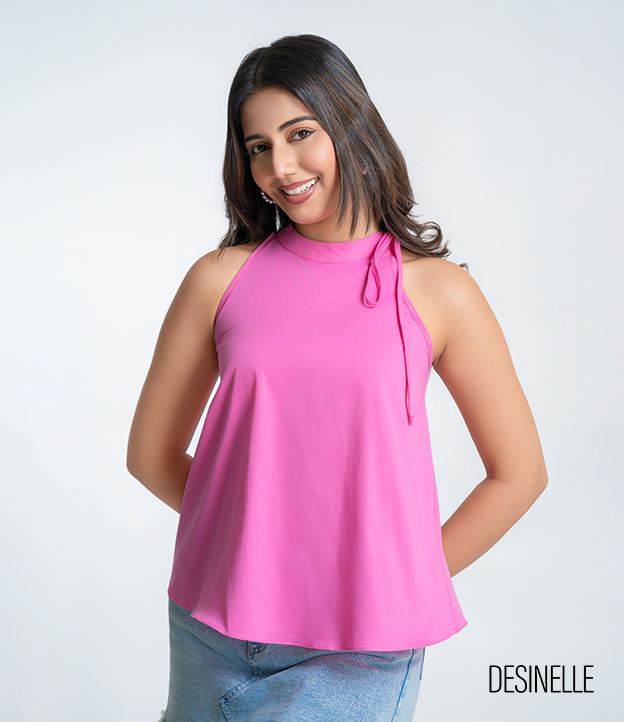 Pink Tie-Neck Cotton Halter Top
