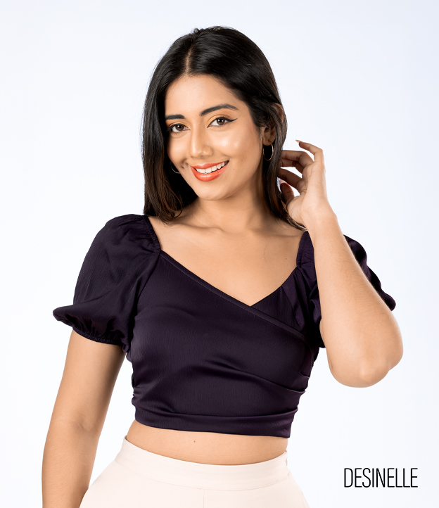 Lantern Sleeve Wrap Design Dark Violet Blouse