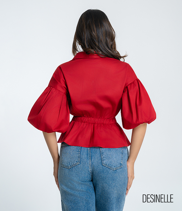 Red Puff Sleeve Collared Blouse